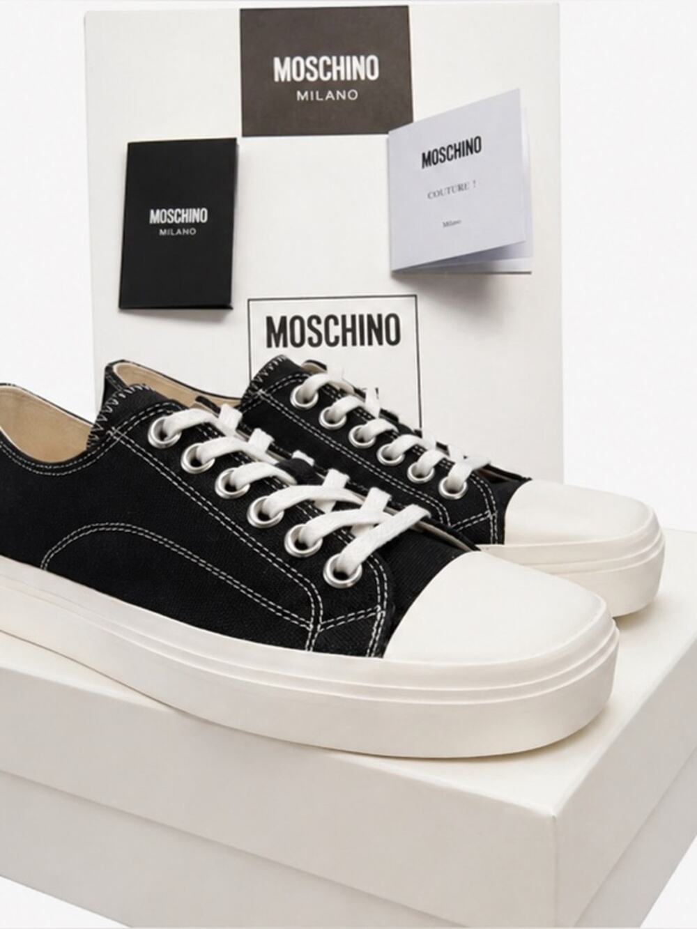 Moschino Couture Milano Platform Sneakers Black Canvas Low Top NIB $560 Size 37